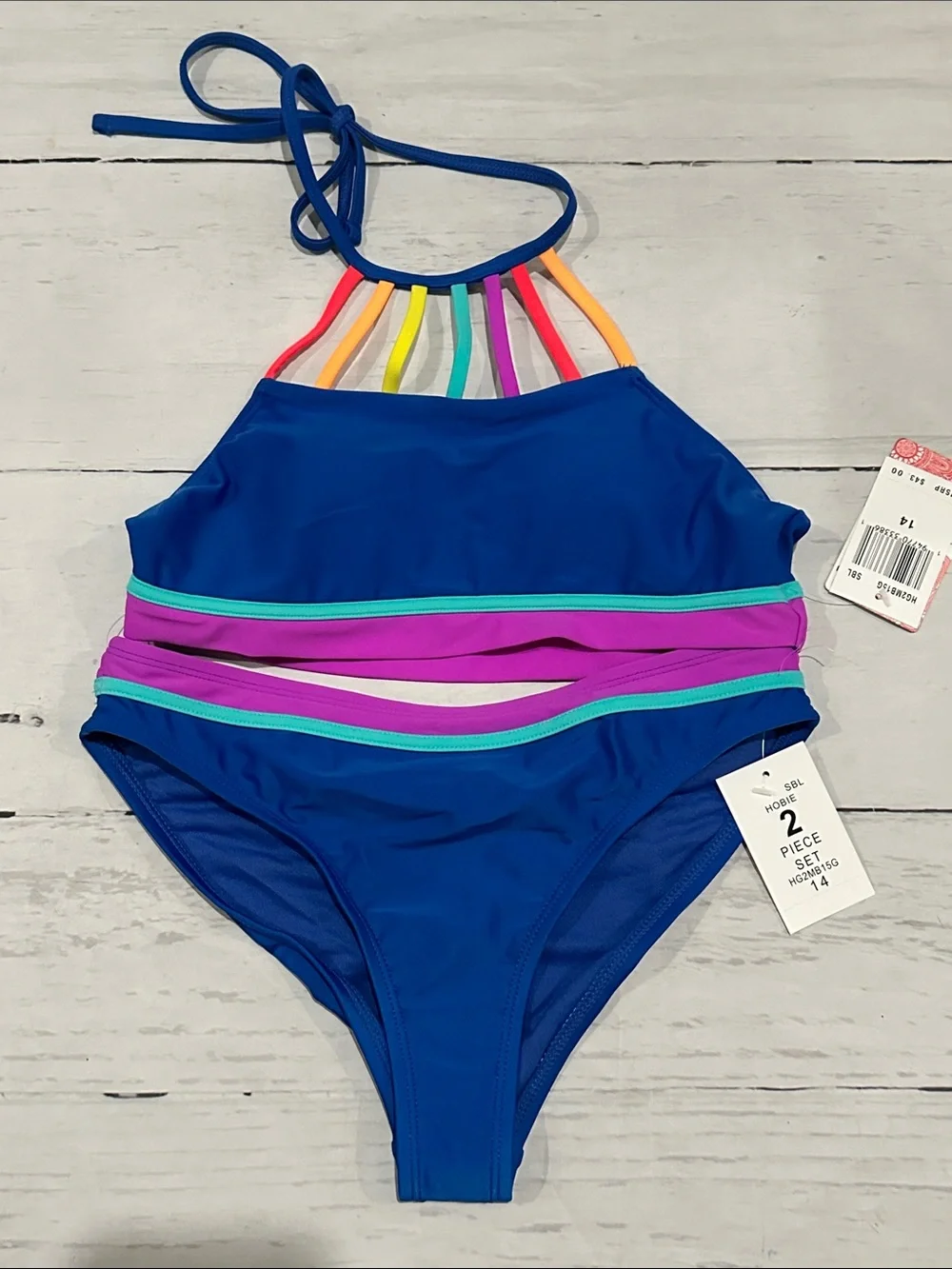 Hobie Blue High-Neck Bikini with Rainbow Strap Accents size 14 2 piece